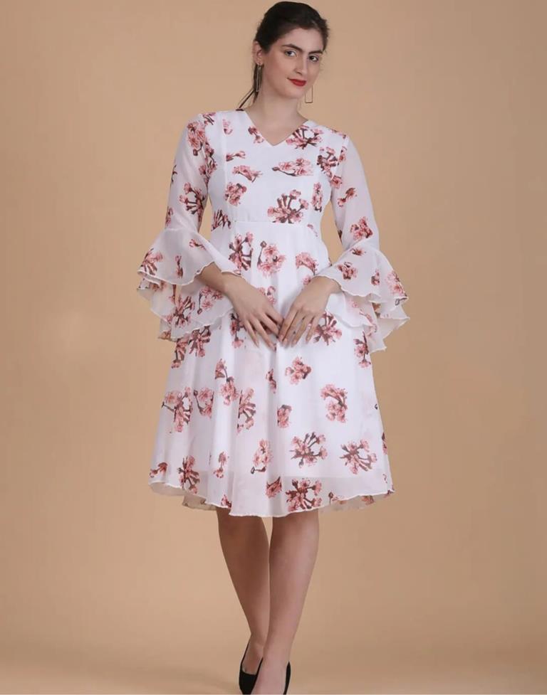 White Printed Georgette Flared Dress