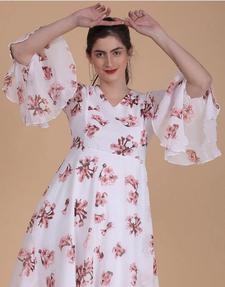 White Printed Georgette Flared Dress