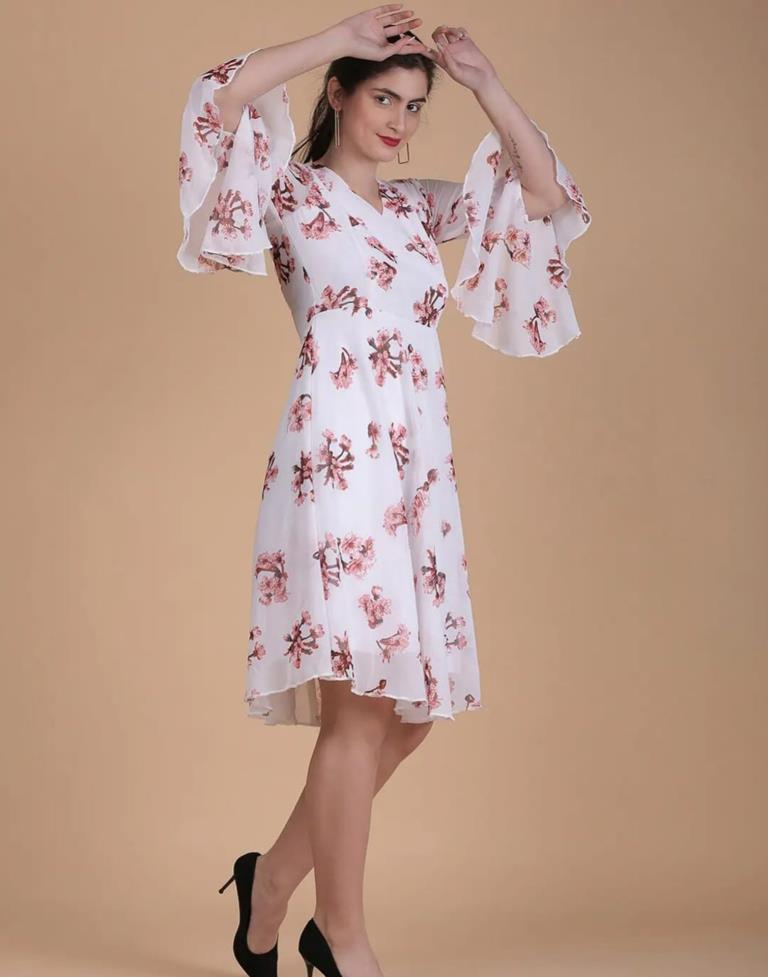 White Printed Georgette Flared Dress