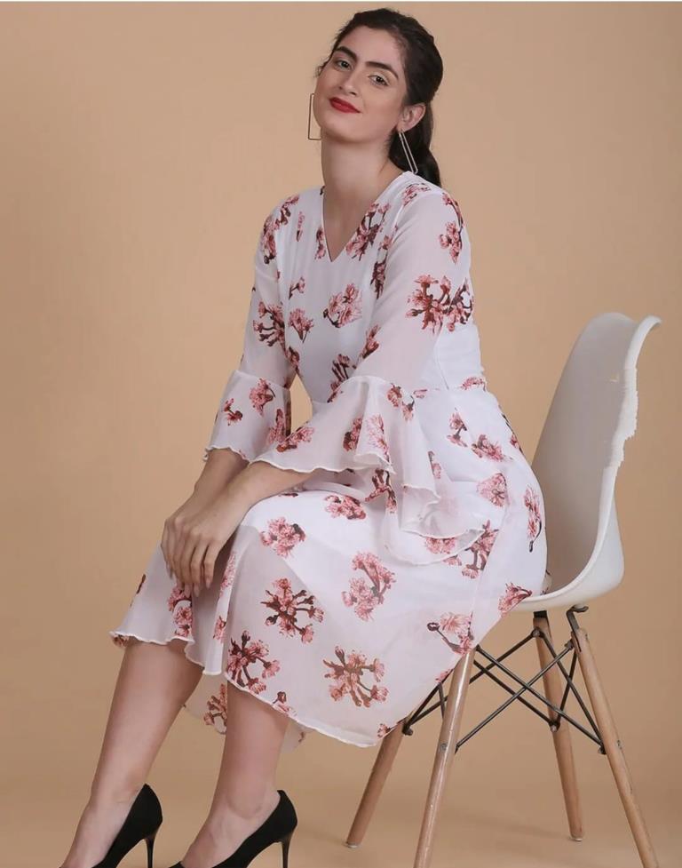 White Printed Georgette Flared Dress