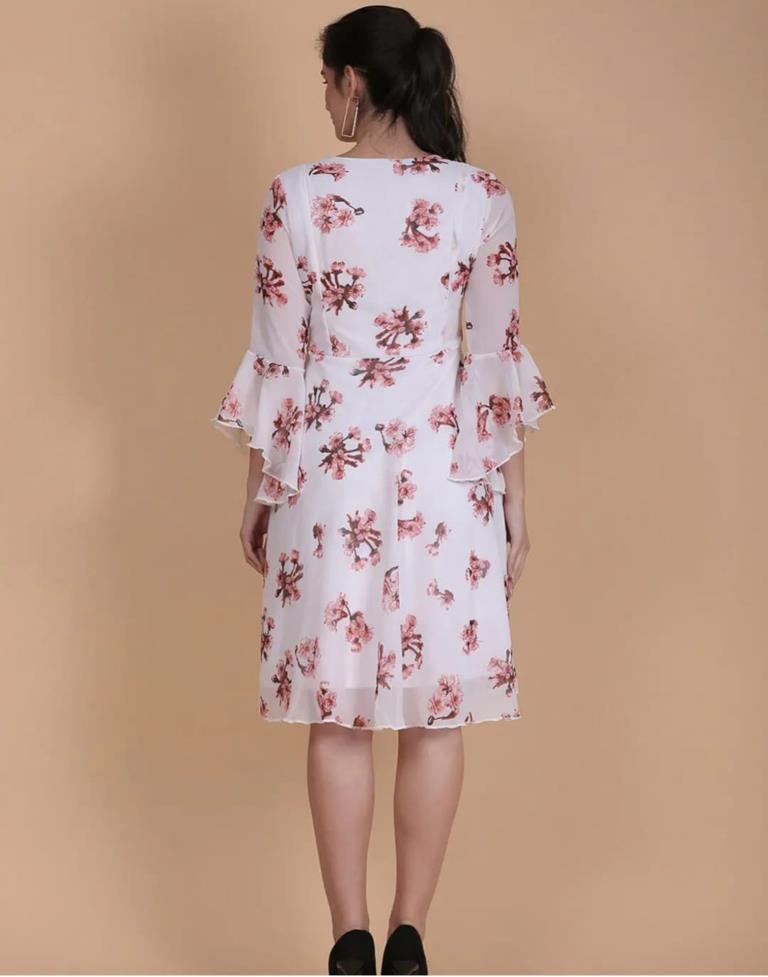 White Printed Georgette Flared Dress