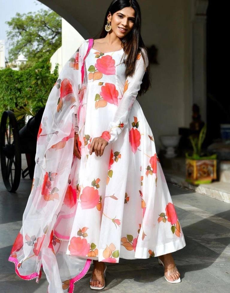 White Printed Georgette Gown Kurta With Dupatta