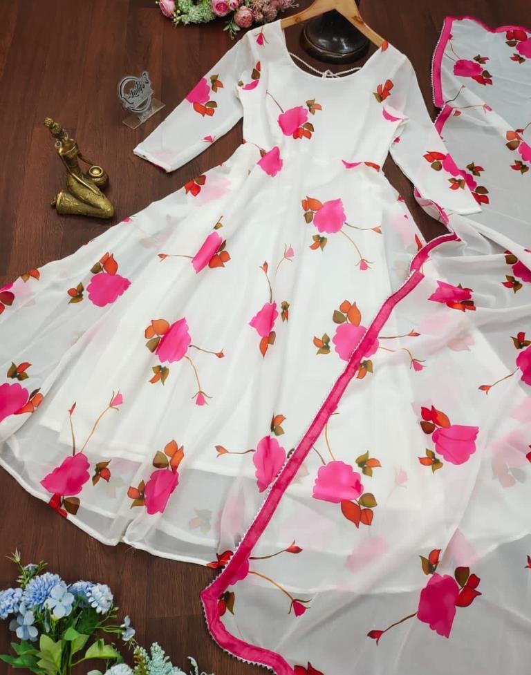 White Printed Georgette Gown Kurta With Dupatta