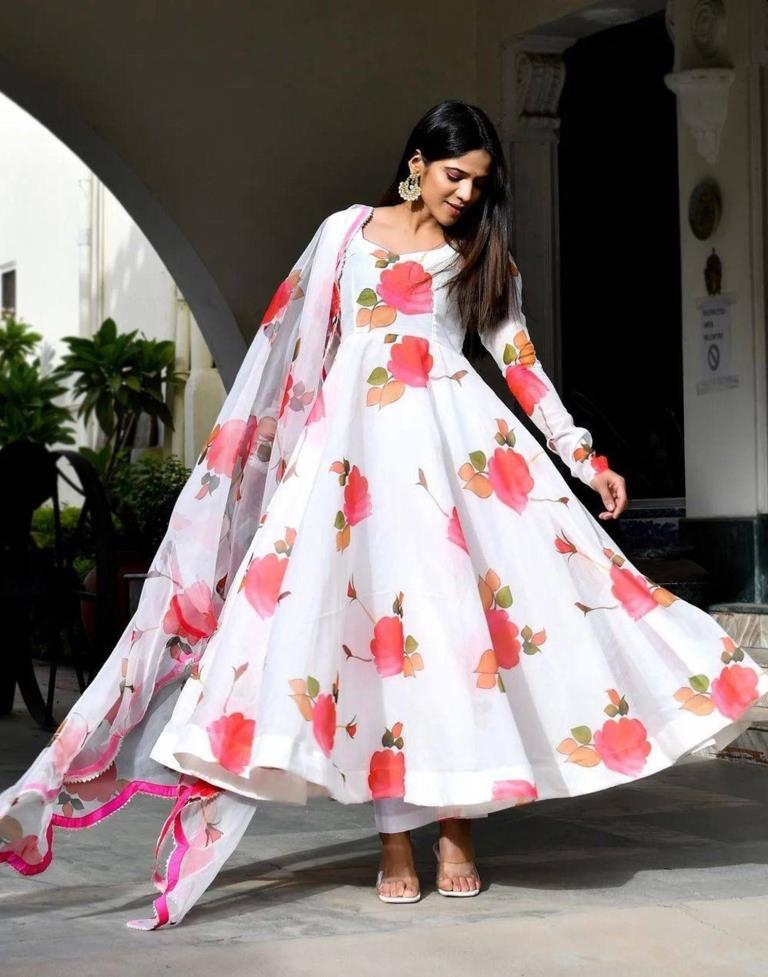 White Printed Georgette Gown Kurta With Dupatta