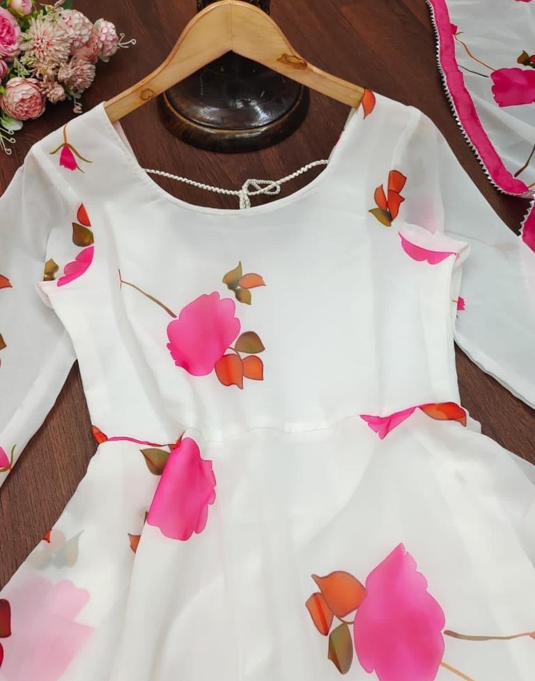 White Printed Georgette Gown Kurta With Dupatta