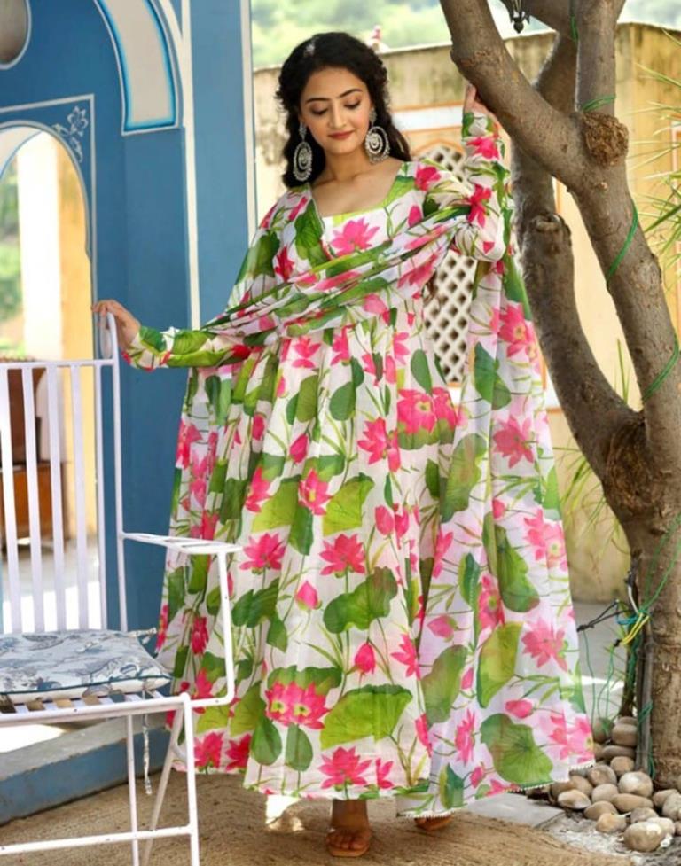 Multicoloured Printed Silk Gown Kurta With Dupatta