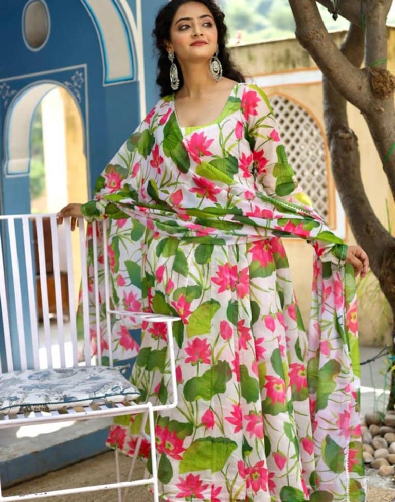 Multicoloured Printed Silk Gown Kurta With Dupatta