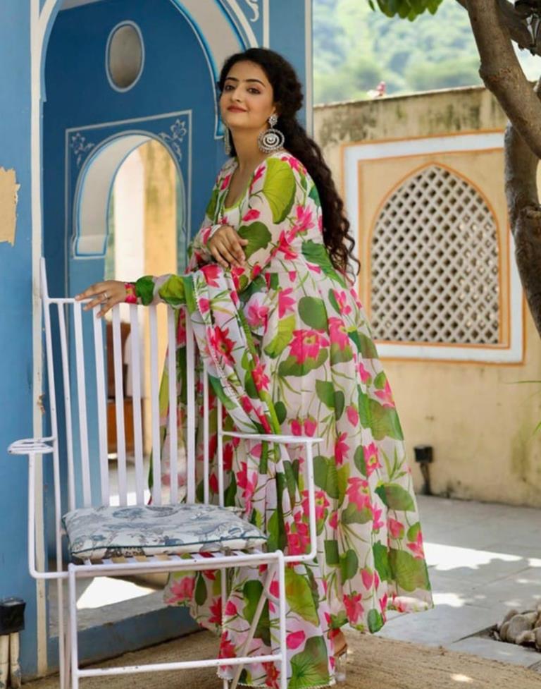 Multicoloured Printed Silk Gown Kurta With Dupatta