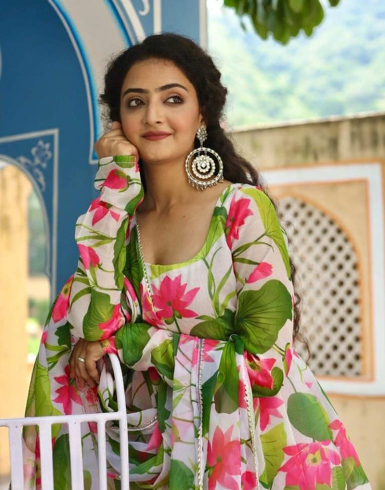 Multicoloured Printed Silk Gown Kurta With Dupatta