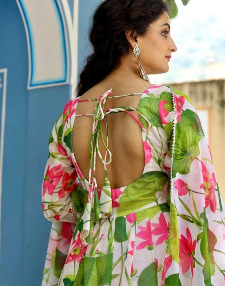 Multicoloured Printed Silk Gown Kurta With Dupatta