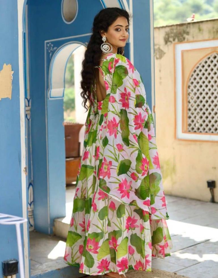 Multicoloured Printed Silk Gown Kurta With Dupatta