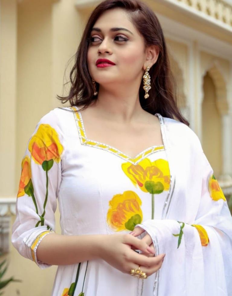 White Printed Silk Gown Kurta With Pant And Dupatta