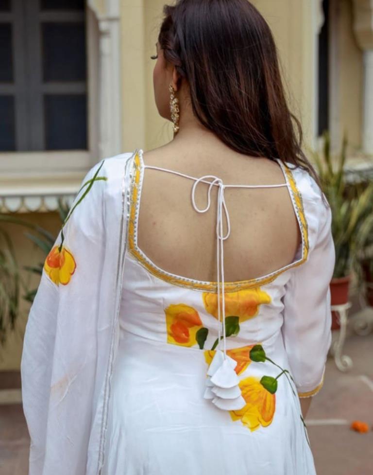 White Printed Silk Gown Kurta With Pant And Dupatta