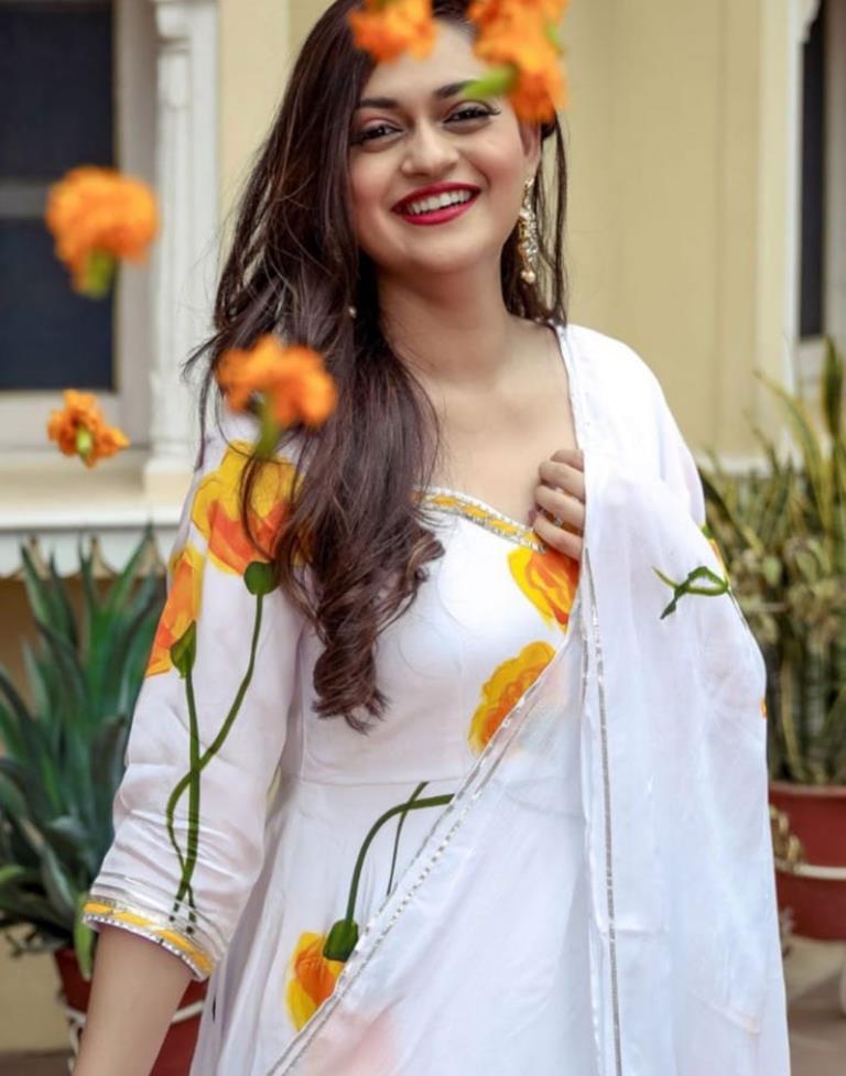 White Printed Silk Gown Kurta With Pant And Dupatta