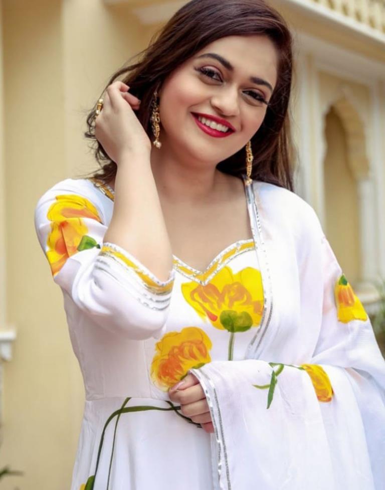 White Printed Silk Gown Kurta With Pant And Dupatta