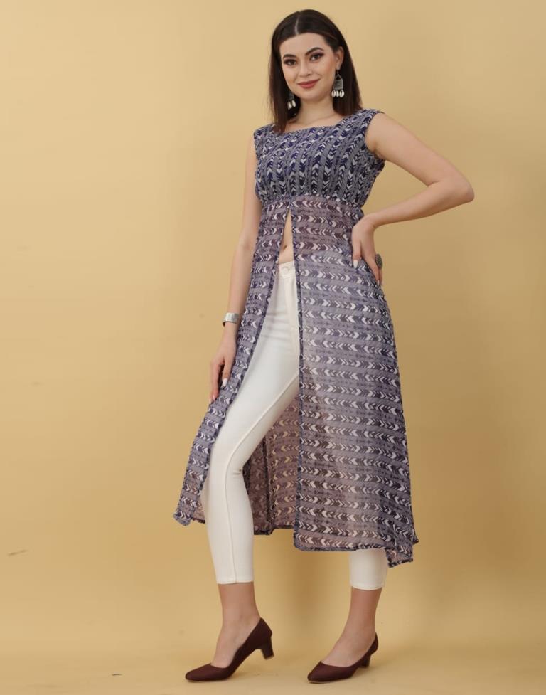 Grey Printed Georgette A-Line Kurta