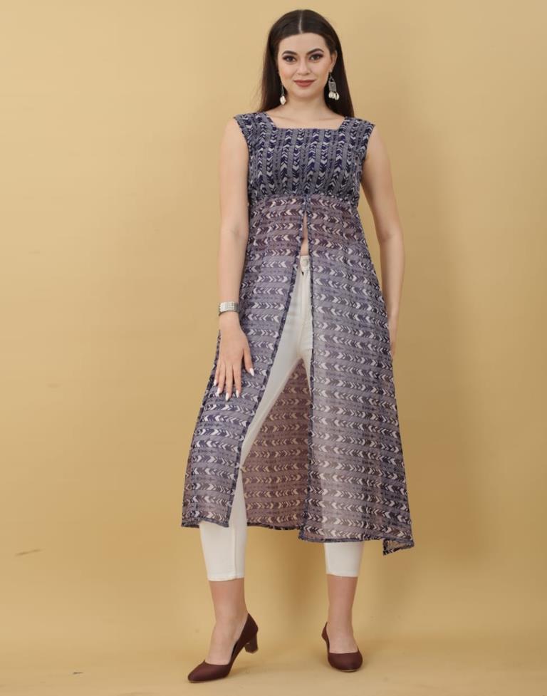 Grey Printed Georgette A-Line Kurta