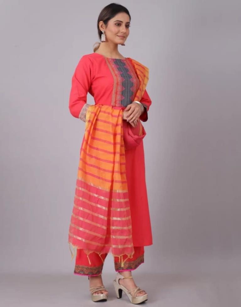 Red Plain Cotton Straight Kurta With Dupatta