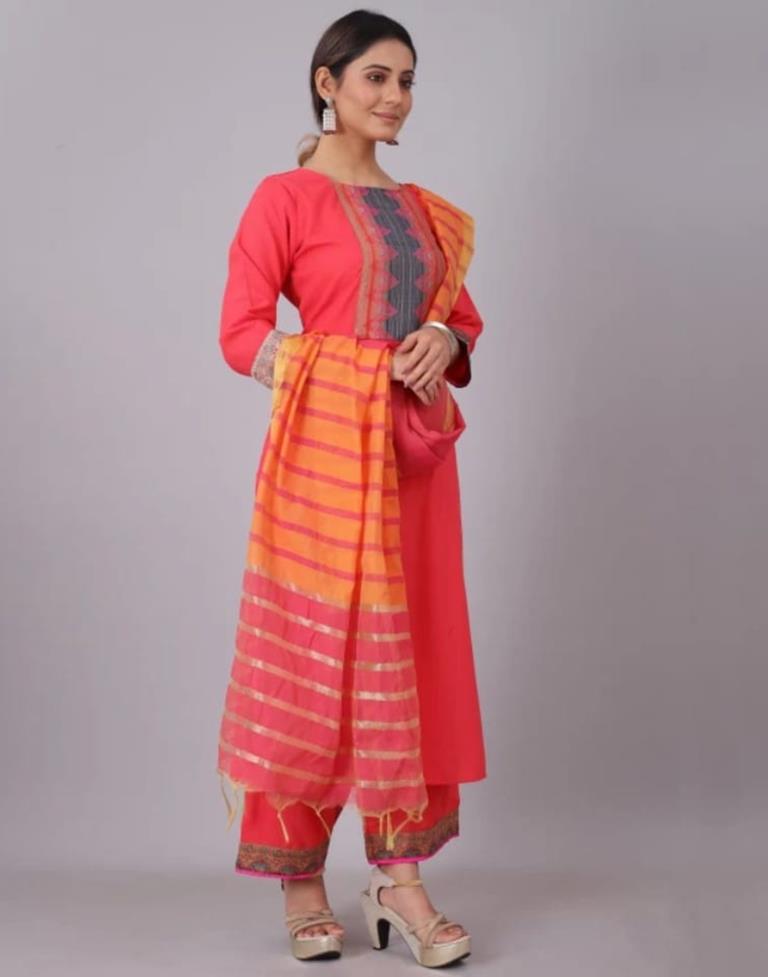 Red Plain Cotton Straight Kurta With Dupatta