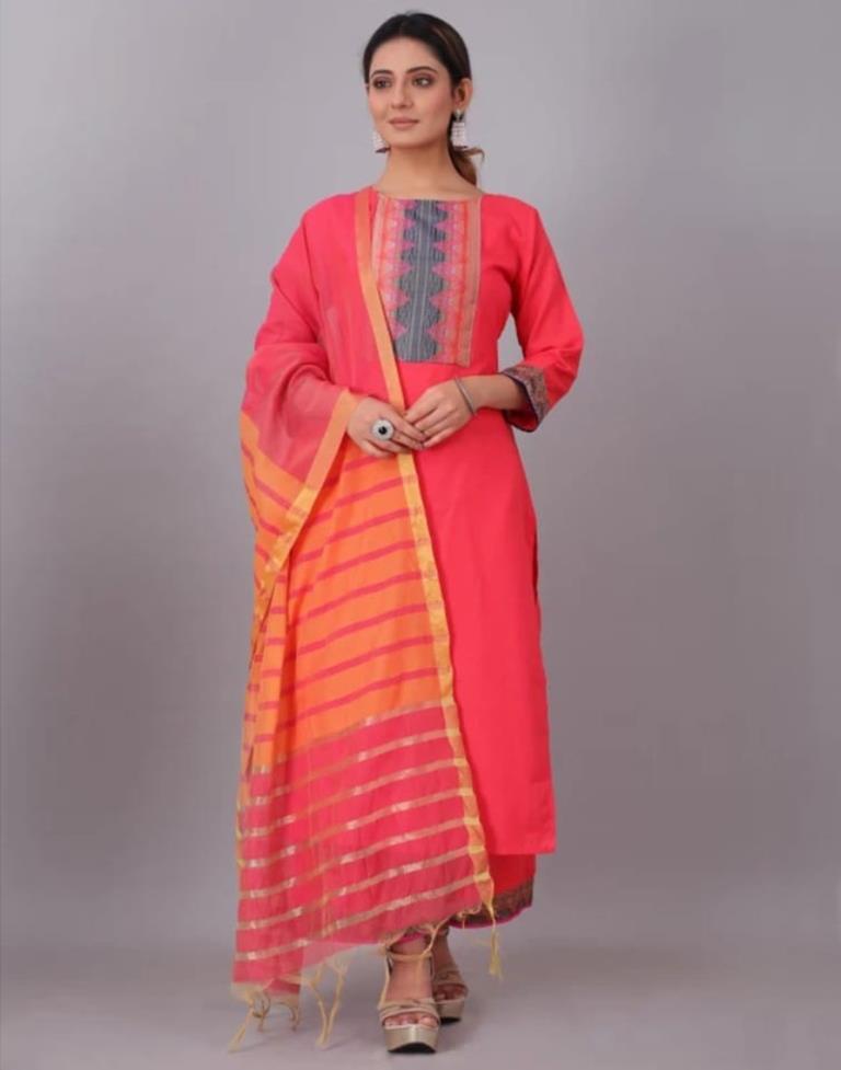 Red Plain Cotton Straight Kurta With Dupatta