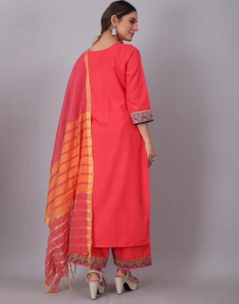 Red Plain Cotton Straight Kurta With Dupatta