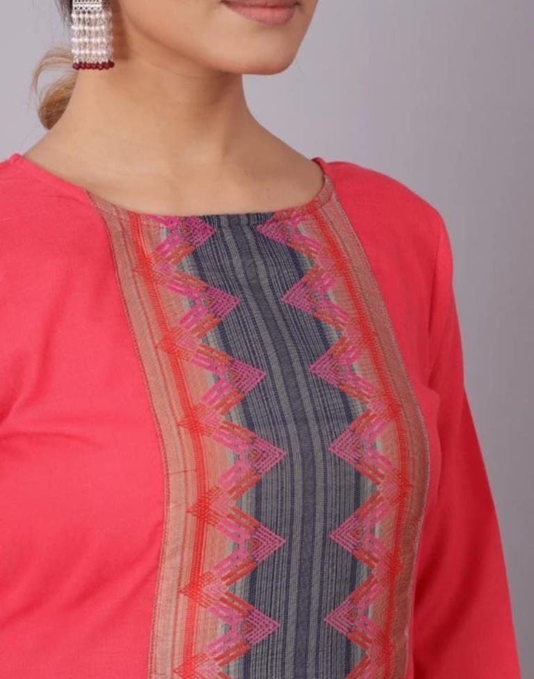 Red Plain Cotton Straight Kurta With Dupatta