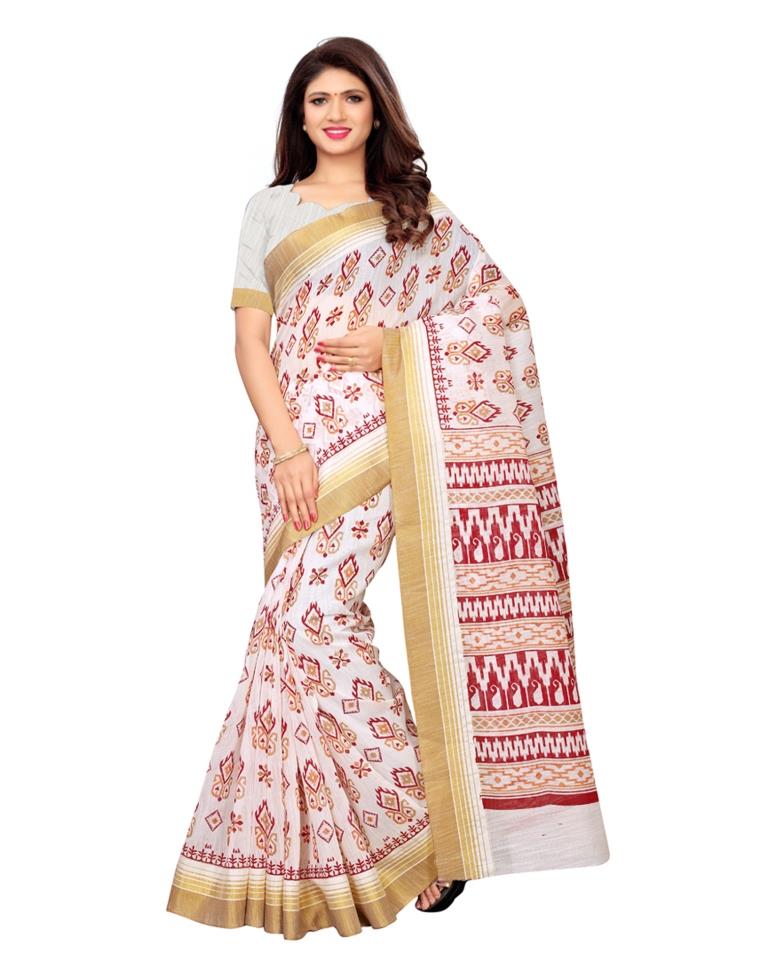 White Coloured Poly Cotton Printed Saree | SLV1099S156