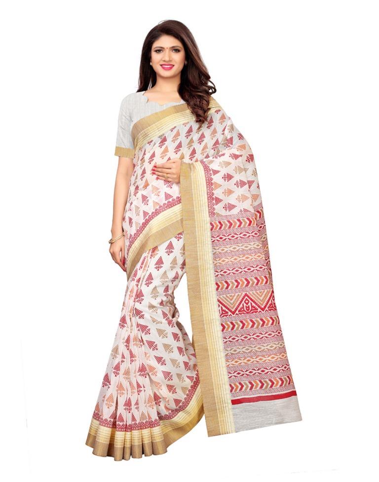 White Coloured Poly Cotton Printed Saree | SLV1099S160