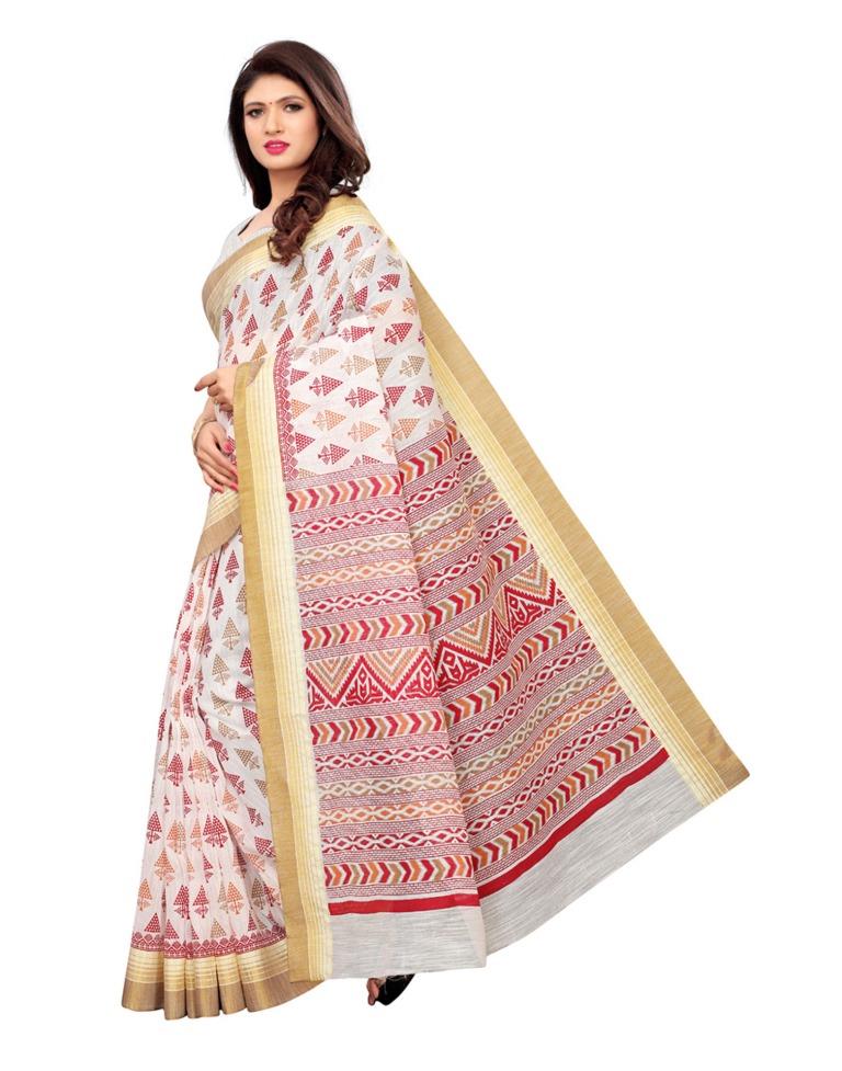 White Coloured Poly Cotton Printed Saree | SLV1099S160