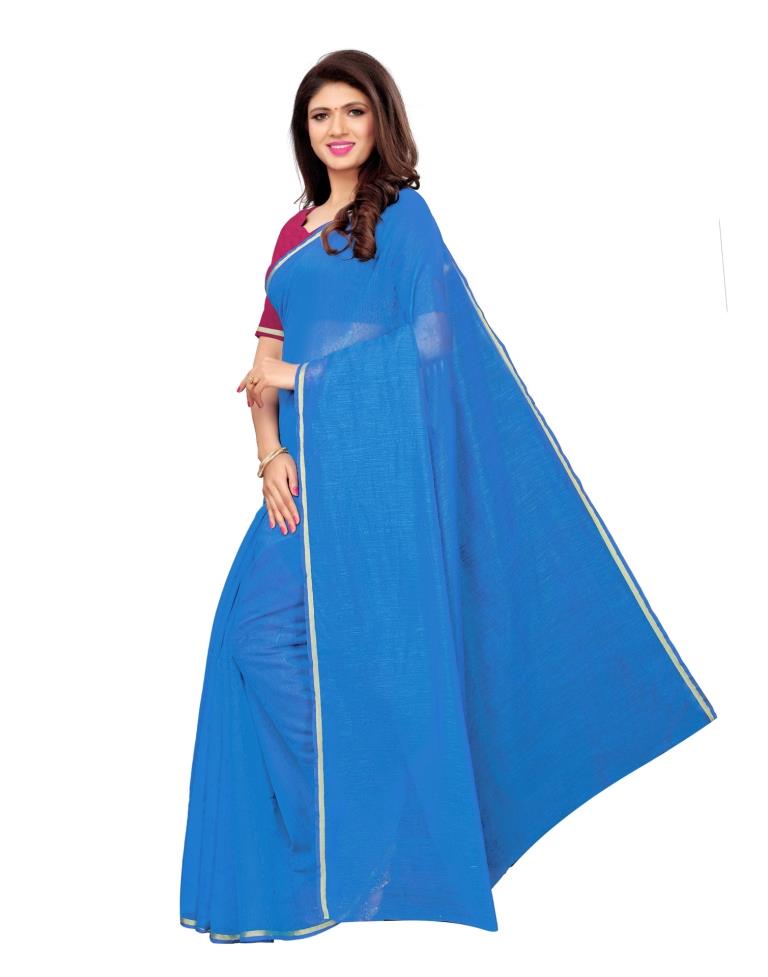Blue Coloured Cotton Silk Plain Saree | SLV1100S2041