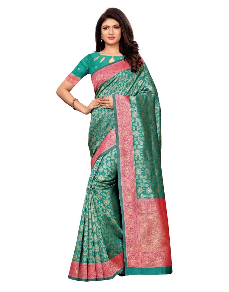 Turquoise Coloured Poly Silk Banarasi Jacquard Saree | SLV1115S60