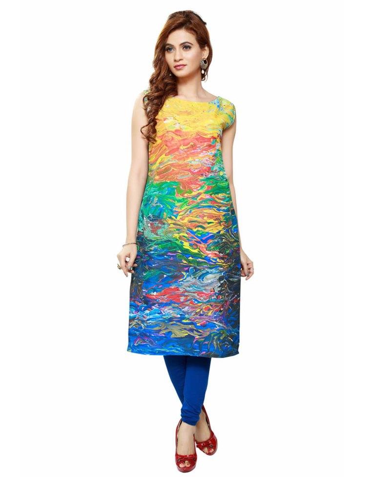 Multicolored Poly Crepe Printed Kurti | SLV116K182