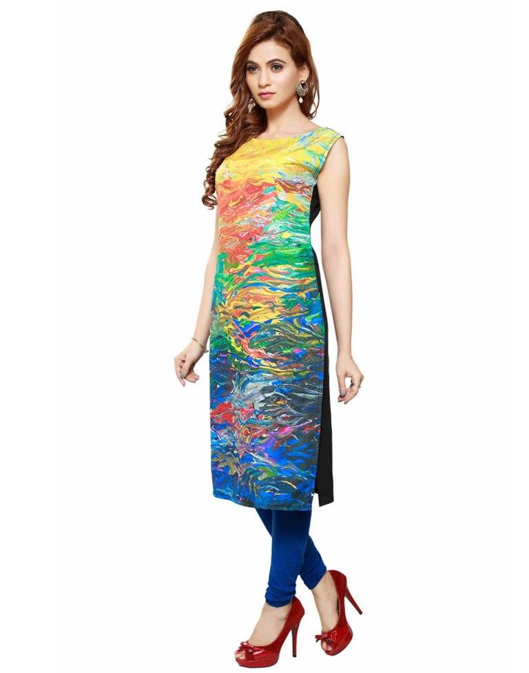 Multicolored Poly Crepe Printed Kurti | SLV116K182