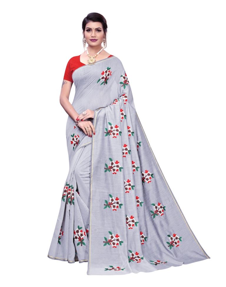 Grey Coloured Chanderi Thread Embroidery Saree | SLV1192S116