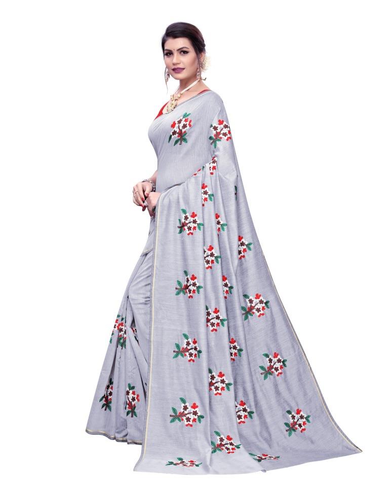 Grey Coloured Chanderi Thread Embroidery Saree | SLV1192S116