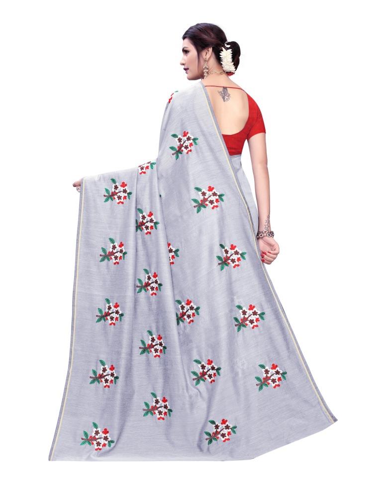 Grey Coloured Chanderi Thread Embroidery Saree | SLV1192S116