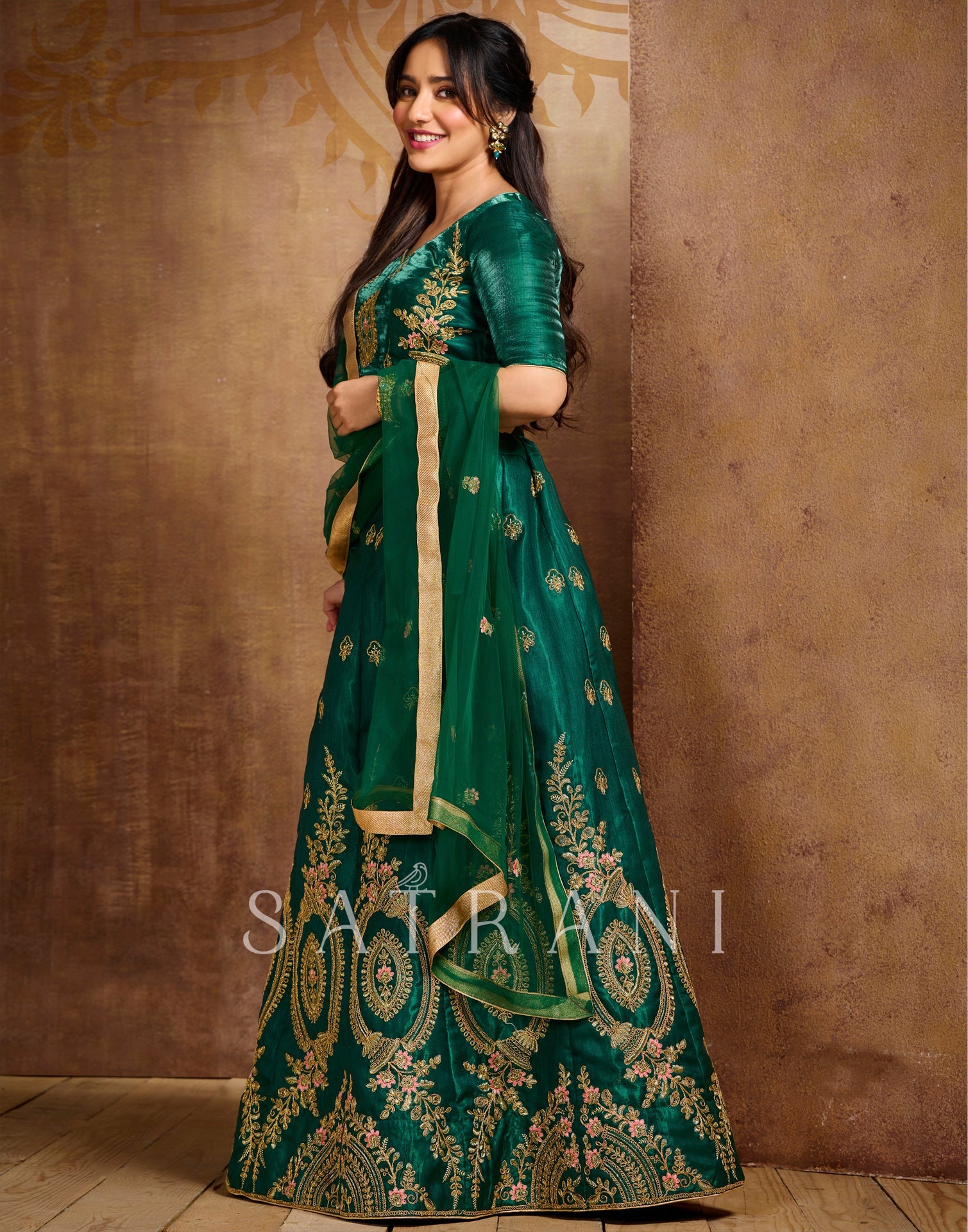 Bottle Green Coloured Poly Silk Embroidered Partywear Lehenga | SLV125L10495