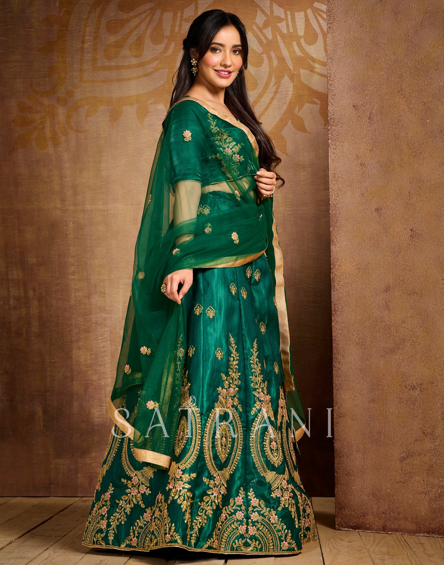 Bottle Green Coloured Poly Silk Embroidered Partywear Lehenga | SLV125L10495