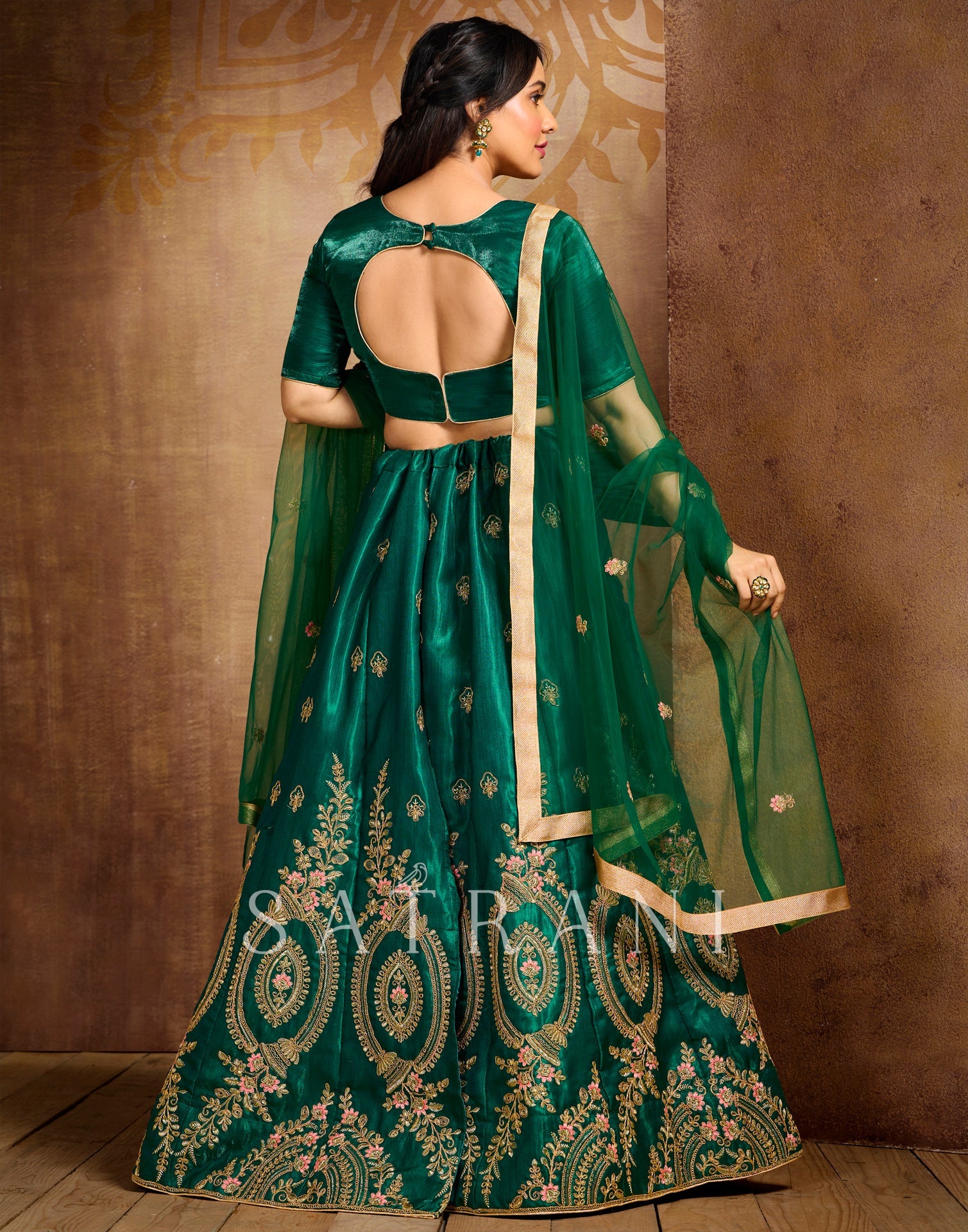 Bottle Green Coloured Poly Silk Embroidered Partywear Lehenga | SLV125L10495
