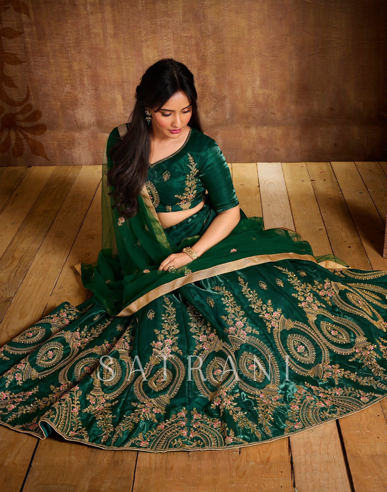 Bottle Green Coloured Poly Silk Embroidered Partywear Lehenga | SLV125L10495