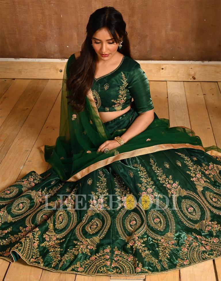 Bottle Green Coloured Poly Silk Embroidered Partywear Lehenga | SLV125L10495