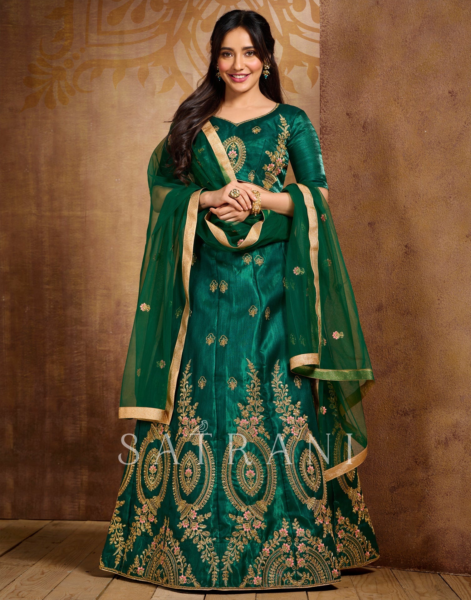 Bottle Green Coloured Poly Silk Embroidered Partywear Lehenga | SLV125L10495
