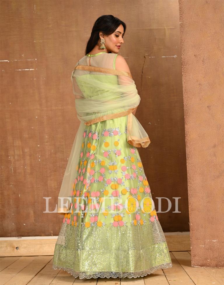 Pista Cream Coloured Net Sequence Embroidered Partywear Lehenga | SLV125L10496
