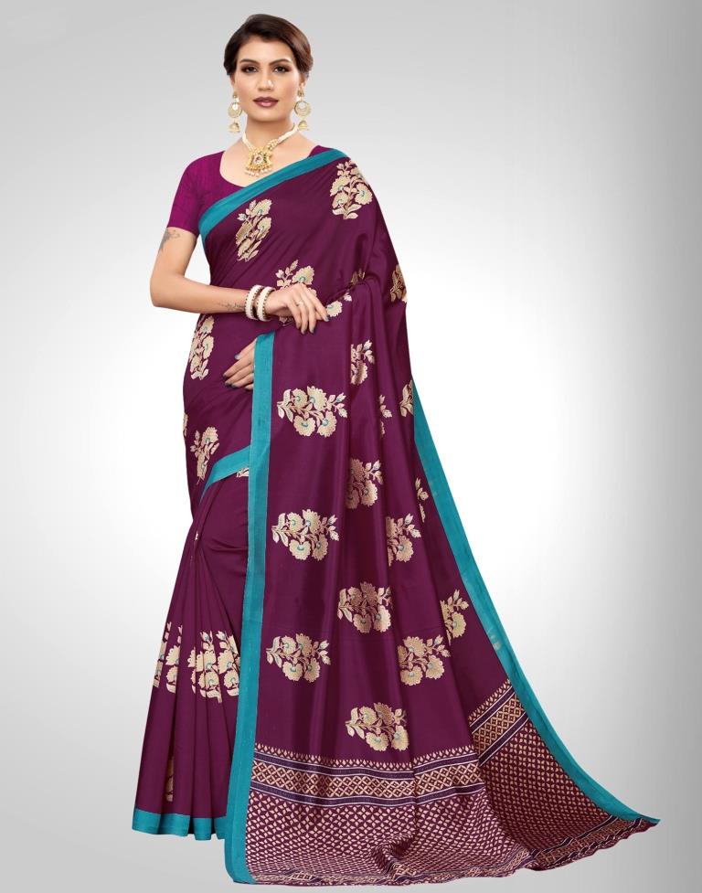 Wine Coloured Printed Silk Saree | SLV1397S7633