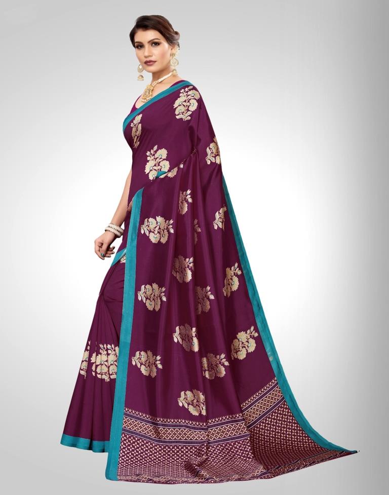 Wine Coloured Printed Silk Saree | SLV1397S7633
