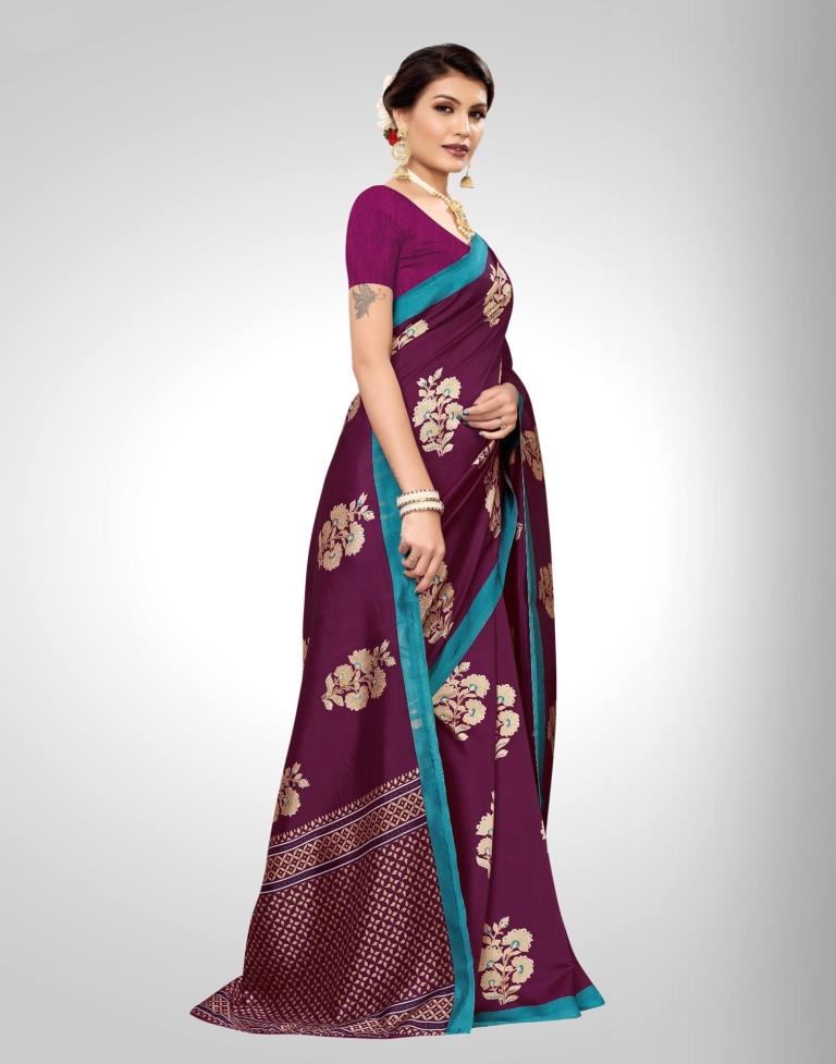Wine Coloured Printed Silk Saree | SLV1397S7633
