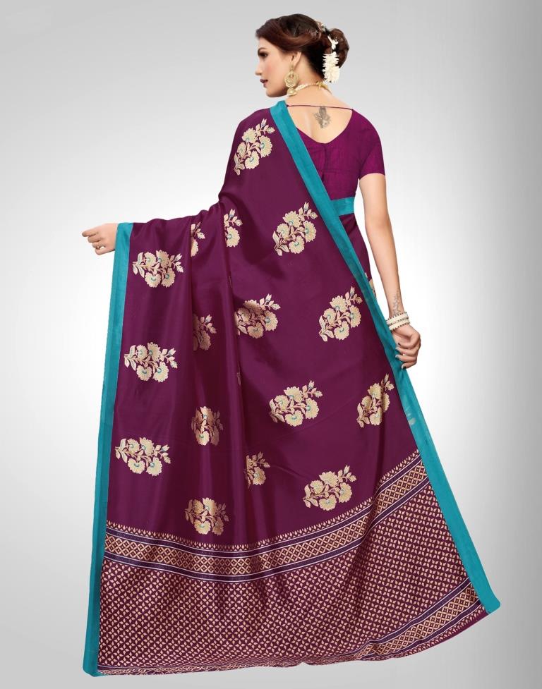 Wine Coloured Printed Silk Saree | SLV1397S7633