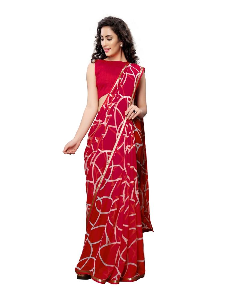 Red Coloured Printed Chiffon Saree | SLV1438S102