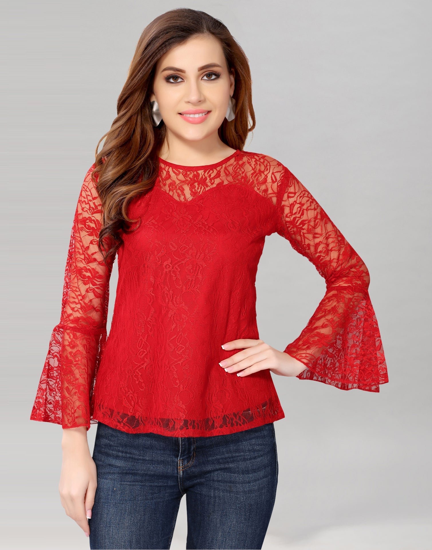 Red Net Bell Sleeves top
