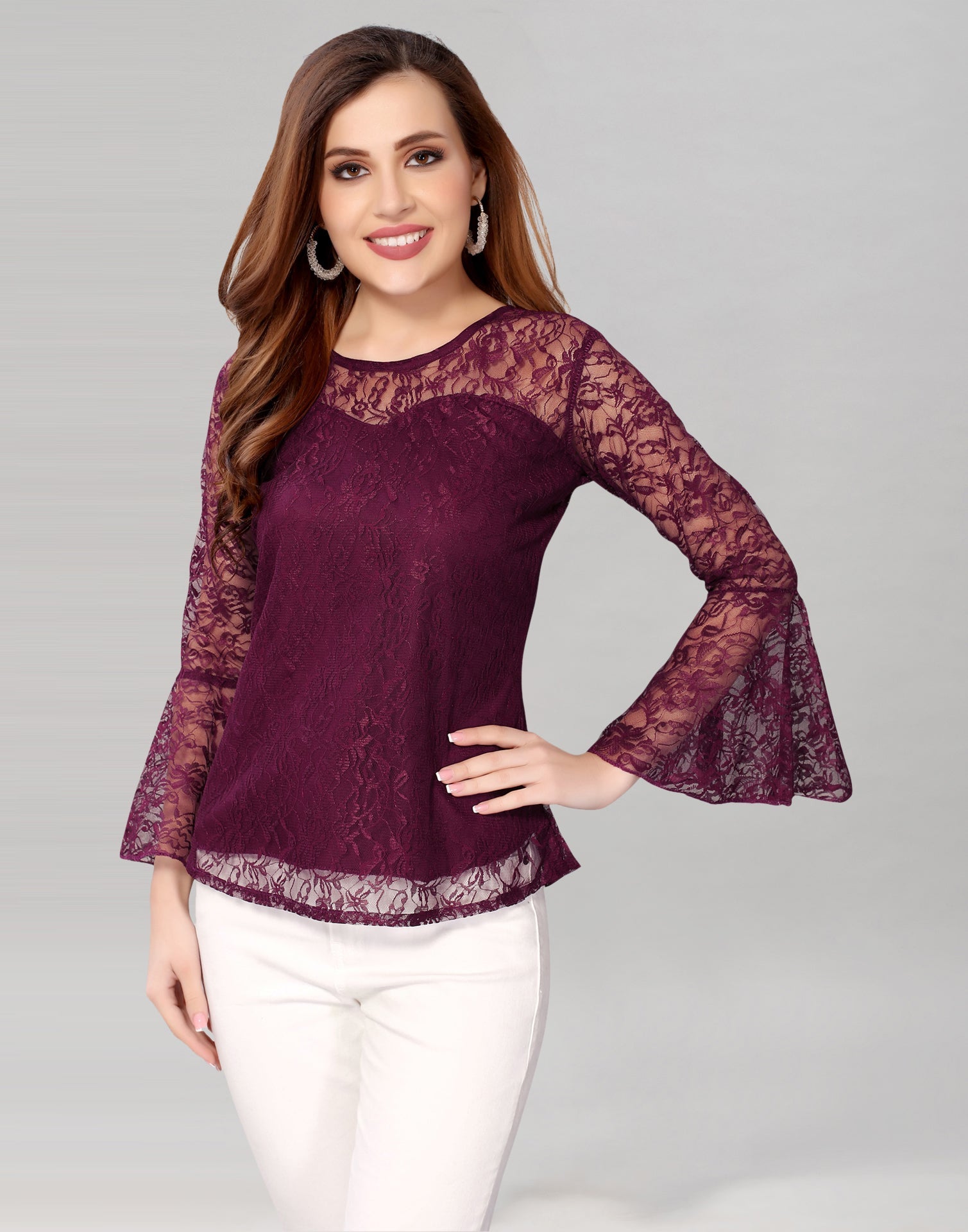 Wine Net Bell Sleeves top
